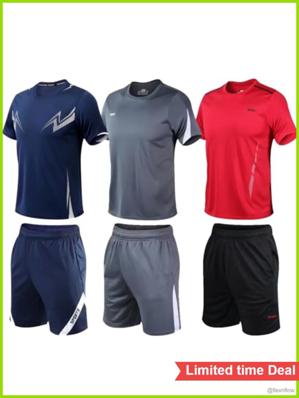 Men's 6-Piece Workout Set: 3 Short Sleeve Shirts and 3 Shorts, Polyester,